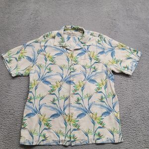 Tommy Bahama Shirt Mens Medium Tan Floral Silk Orginal Fit Beach Relax Casual‎